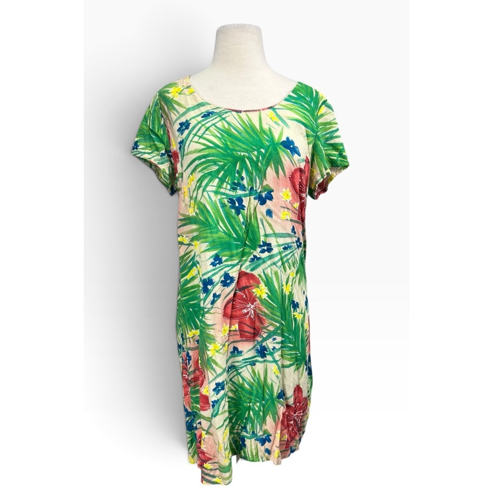 Jams‎ World Hula Moon Dress Large Fern Green Floral Watercolor Sleeve Pink Blue